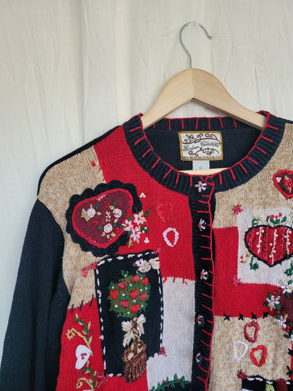 💌 Lovers From 2003 - vintage cardigan with embroidered hearts, flowers and bows - size L