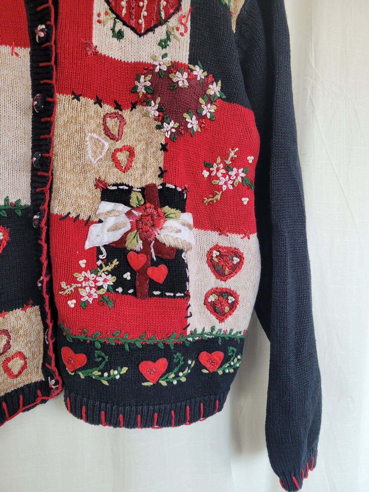 💌 Lovers From 2003 - vintage cardigan with embroidered hearts, flowers and bows - size L