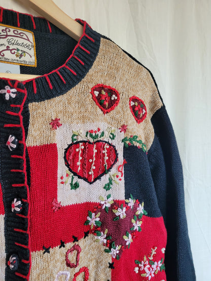 💌 Lovers From 2003 - vintage cardigan with embroidered hearts, flowers and bows - size L