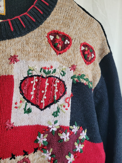 💌 Lovers From 2003 - vintage cardigan with embroidered hearts, flowers and bows - size L