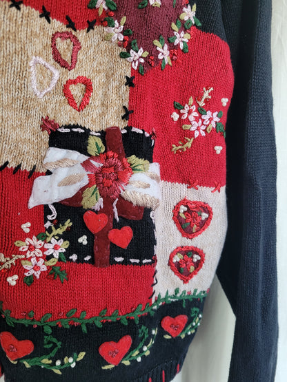 💌 Lovers From 2003 - vintage cardigan with embroidered hearts, flowers and bows - size L