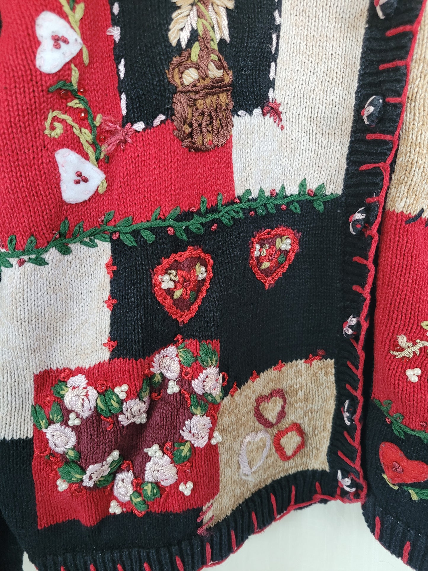 💌 Lovers From 2003 - vintage cardigan with embroidered hearts, flowers and bows - size L