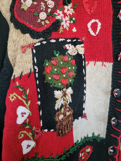 💌 Lovers From 2003 - vintage cardigan with embroidered hearts, flowers and bows - size L