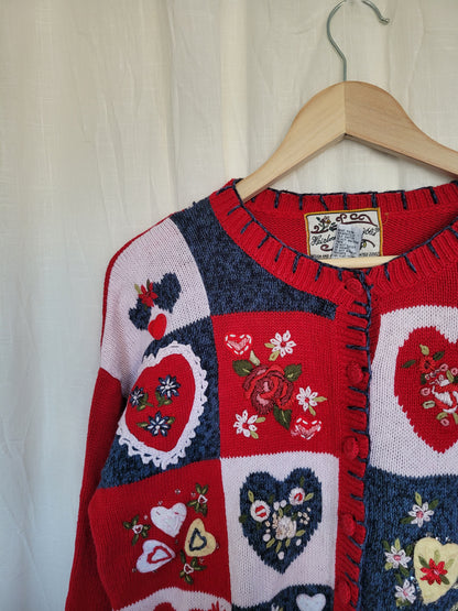 💙 All My Love - vintage cardigan with embroidered hearts and flowers - size M