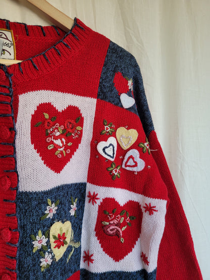 💙 All My Love - vintage cardigan with embroidered hearts and flowers - size M