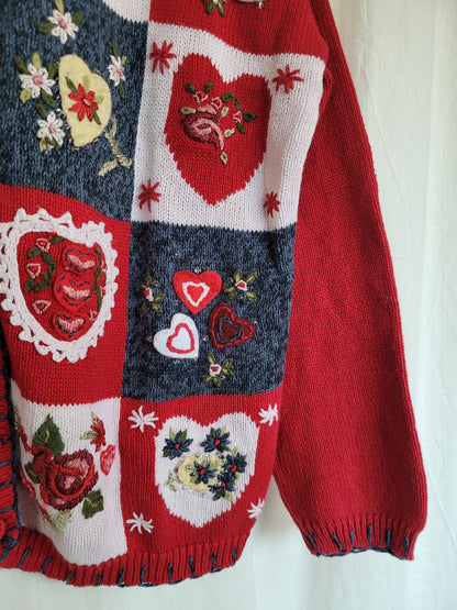 💙 All My Love - vintage cardigan with embroidered hearts and flowers - size M