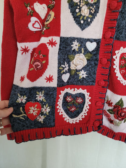 💙 All My Love - vintage cardigan with embroidered hearts and flowers - size M