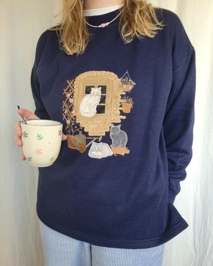 🪟 Window Cat Tales - vintage crewneck sweater with embroidered cats (Perfectly Imperfect) - size S/M (oversized)