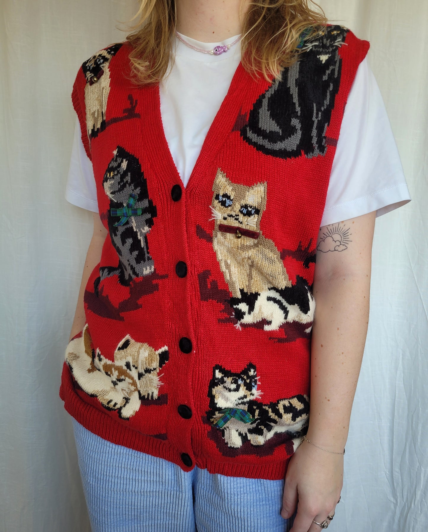 🎀 Bows & Bells - vintage spencer with cat images - size M