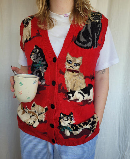 🎀 Bows & Bells - vintage spencer with cat images - size M