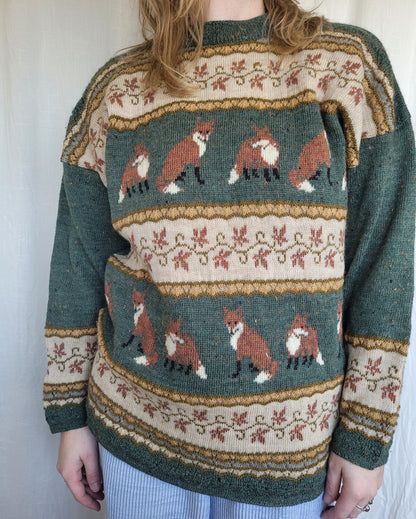 🦊 Woodland Companion - vintage knitted sweater with fox and flower pattern - size M/L