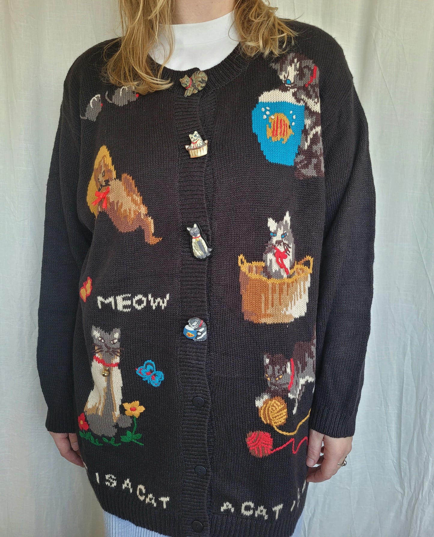 🔔 Purr & Jingle - vintage cardigan with cat images and buttons - size XL/XXL