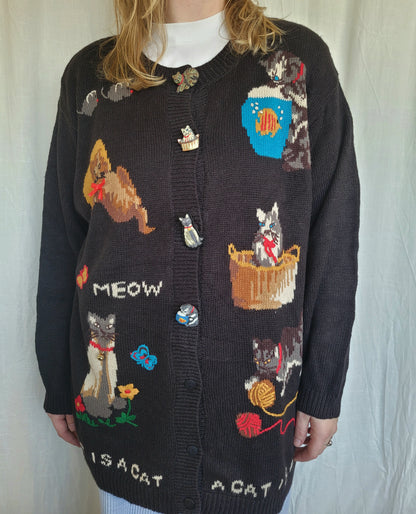🔔 Purr & Jingle - vintage cardigan with cat images and buttons - size XL/XXL