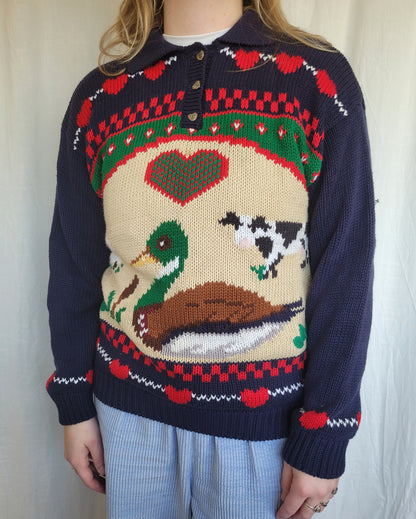 🐑 Country Creatures - vintage knitted sweater with country animals (Perfectly Imperfect) - size M
