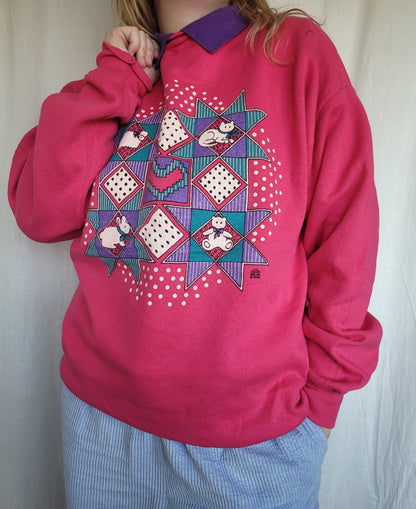 🐾 Quilted Creatures Club - vintage crewneck sweater with images of animals - size L/XL