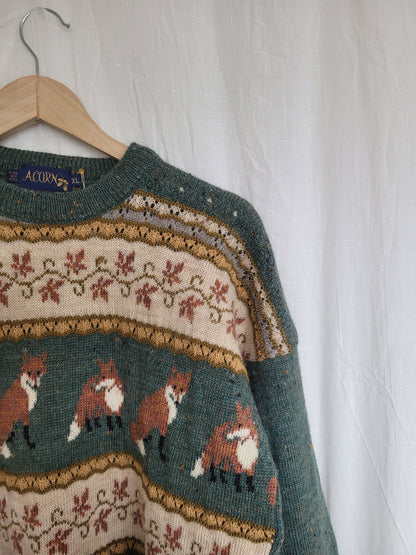 🦊 Woodland Companion - vintage knitted sweater with fox and flower pattern - size M/L