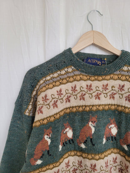 🦊 Woodland Companion - vintage knitted sweater with fox and flower pattern - size M/L