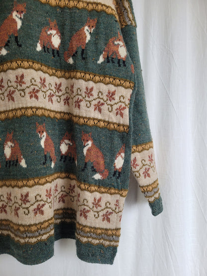 🦊 Woodland Companion - vintage knitted sweater with fox and flower pattern - size M/L