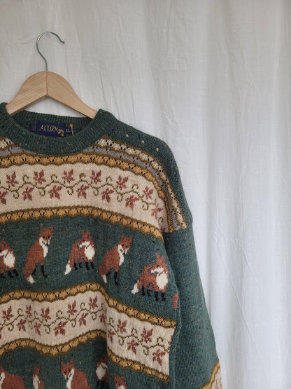 🦊 Woodland Companion - vintage knitted sweater with fox and flower pattern - size M/L
