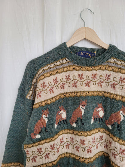 🦊 Woodland Companion - vintage knitted sweater with fox and flower pattern - size M/L