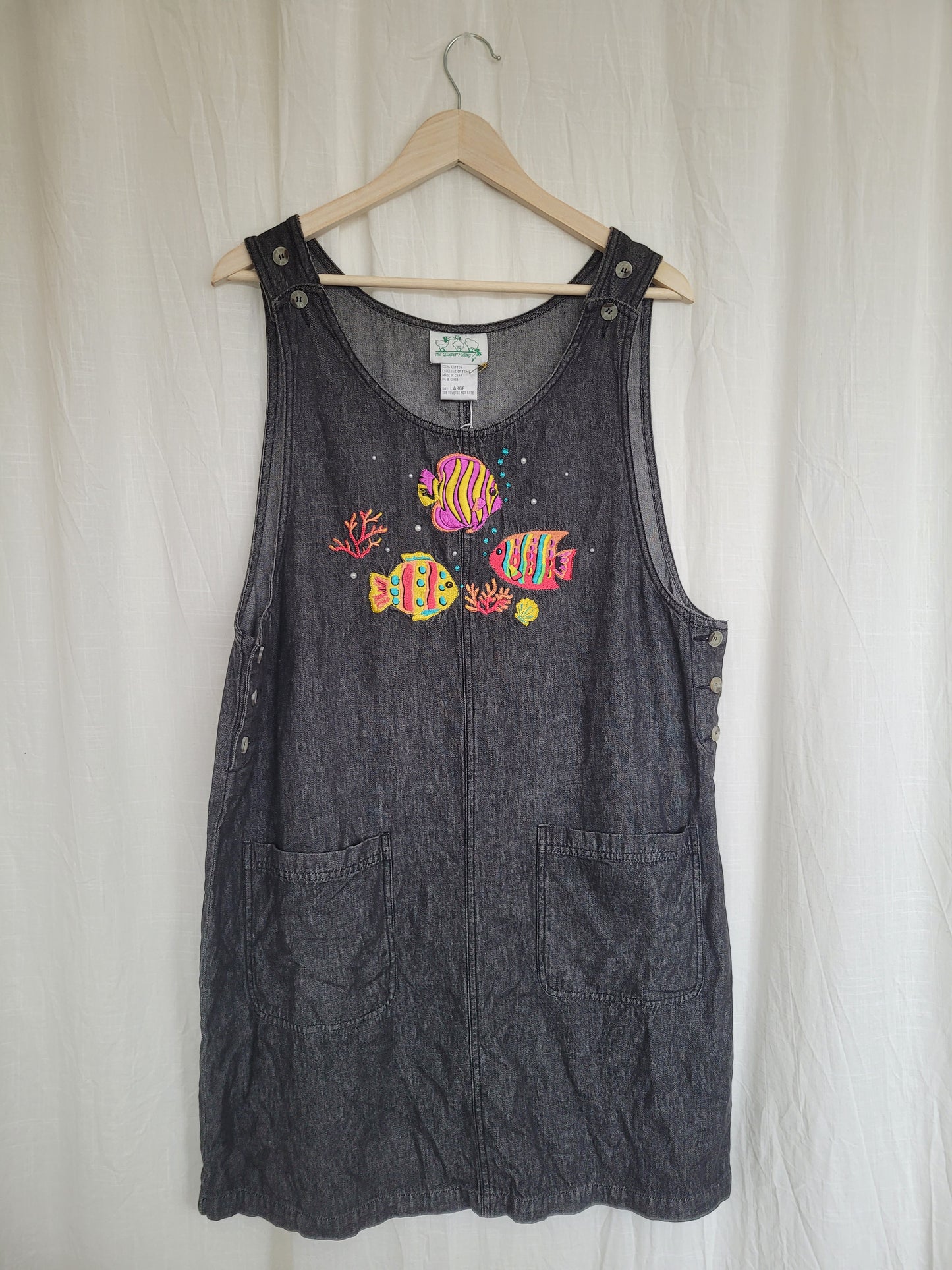 🐚 Under the Sea - vintage denim jumper dress with embroidered fish - size L/XL