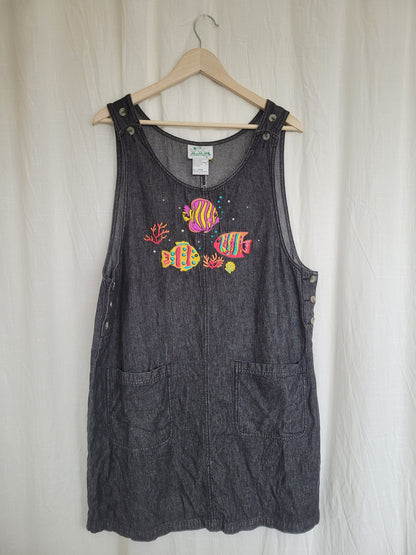 🐚 Under the Sea - vintage denim jumper dress with embroidered fish - size L/XL