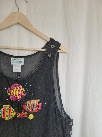 🐚 Under the Sea - vintage denim jumper dress with embroidered fish - size L/XL