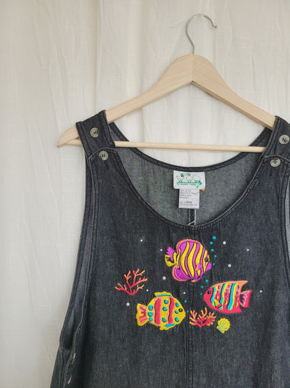 🐚 Under the Sea - vintage denim jumper dress with embroidered fish - size L/XL