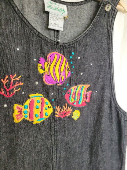 🐚 Under the Sea - vintage denim jumper dress with embroidered fish - size L/XL