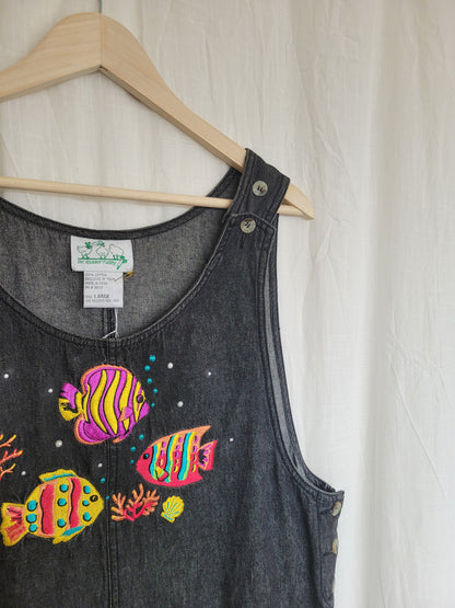 🐚 Under the Sea - vintage denim jumper dress with embroidered fish - size L/XL