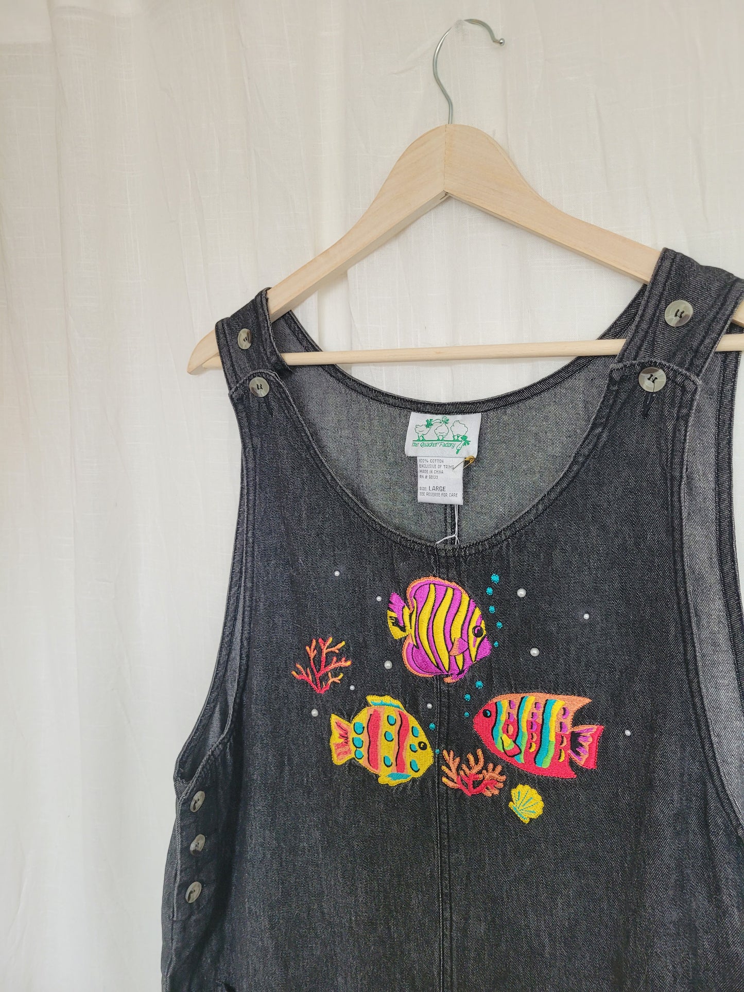 🐚 Under the Sea - vintage denim jumper dress with embroidered fish - size L/XL