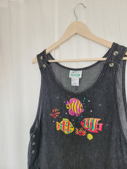 🐚 Under the Sea - vintage denim jumper dress with embroidered fish - size L/XL