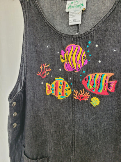🐚 Under the Sea - vintage denim jumper dress with embroidered fish - size L/XL