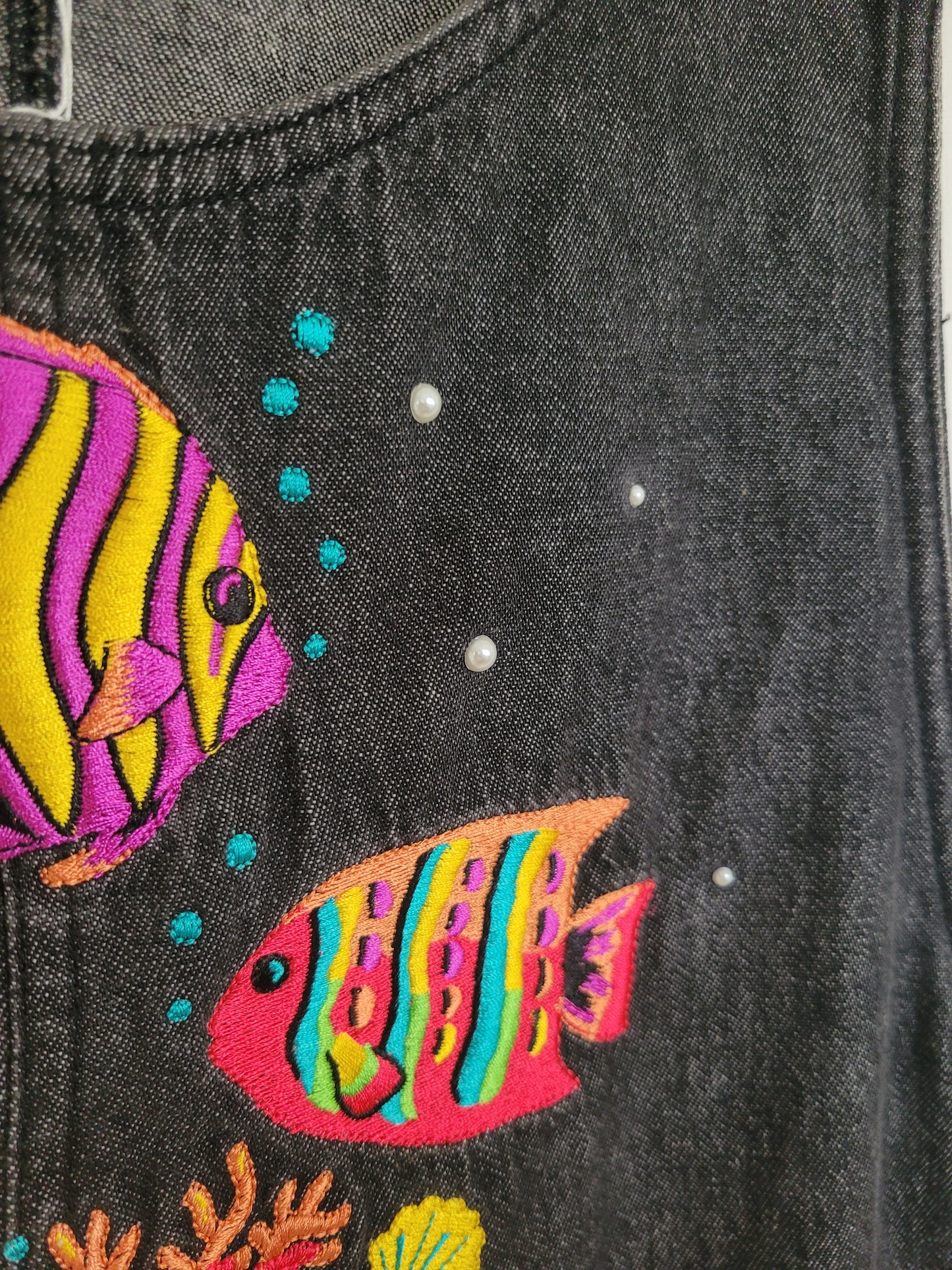 🐚 Under the Sea - vintage denim jumper dress with embroidered fish - size L/XL