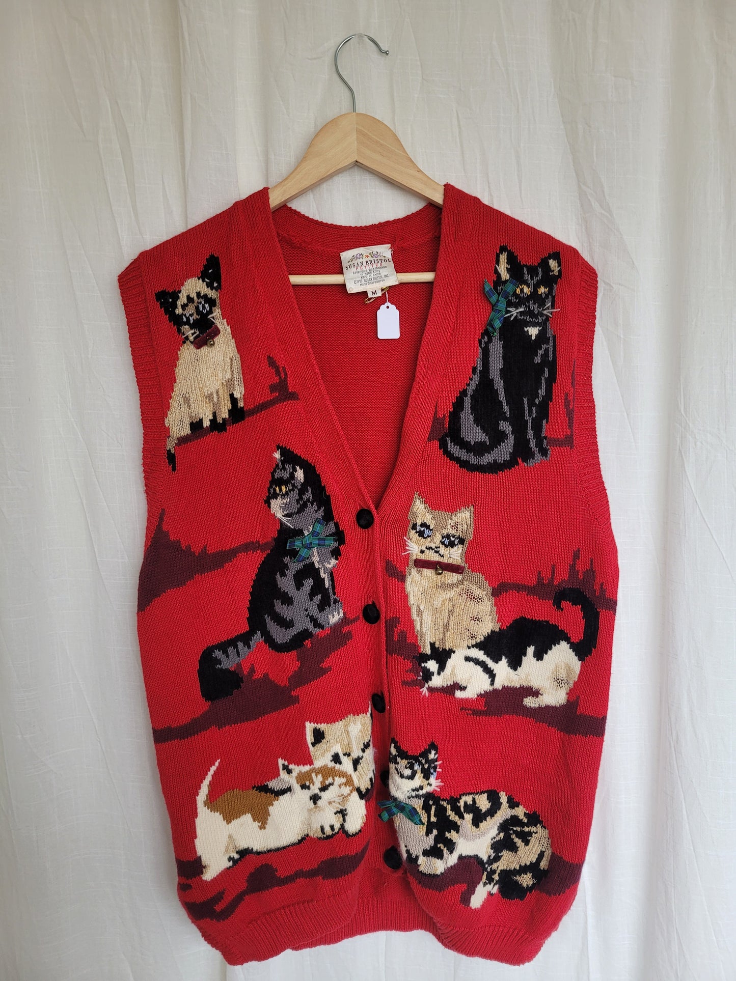 🎀 Bows & Bells - vintage spencer with cat images - size M