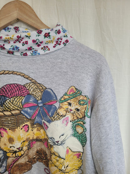 🐾 Soft Paws - vintage crewneck sweater with turtleneck and cat image - size S/M