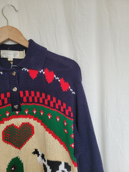 🐑 Country Creatures - vintage knitted sweater with country animals (Perfectly Imperfect) - size M