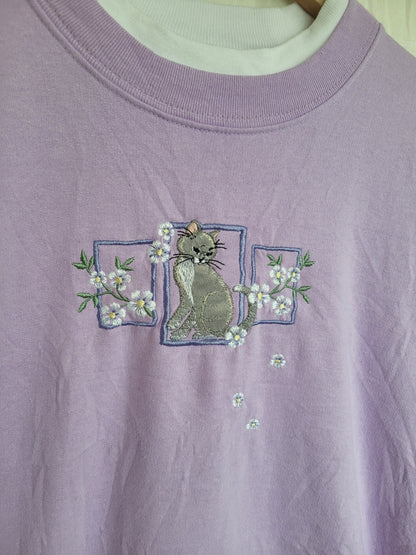 💜 Lilac Whiskers - vintage crewneck sweater with embroidered cat (Perfectly Imperfect) - size L