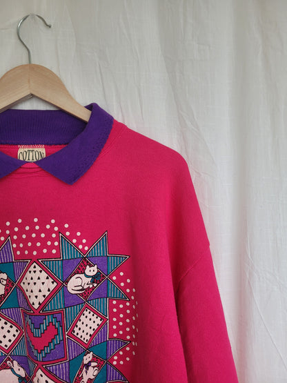 🐾 Quilted Creatures Club - vintage crewneck sweater with images of animals - size L/XL
