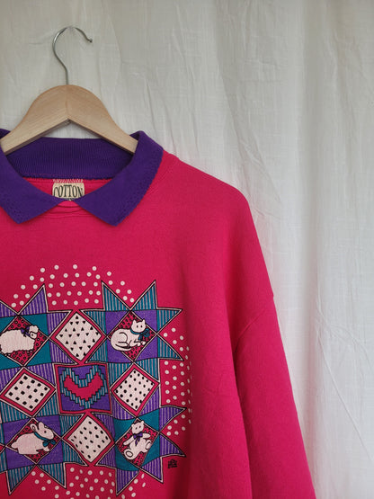 🐾 Quilted Creatures Club - vintage crewneck sweater with images of animals - size L/XL