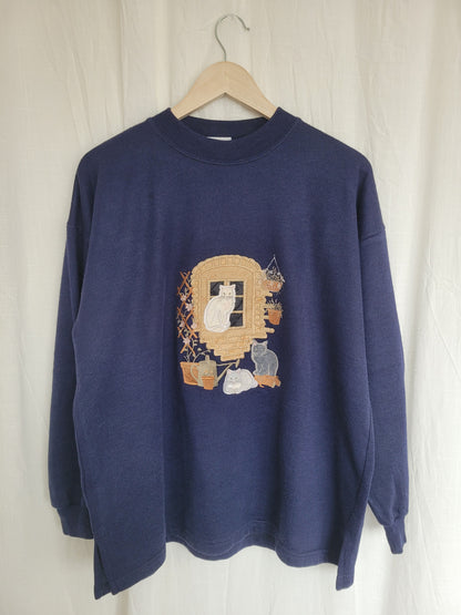🪟 Window Cat Tales - vintage crewneck sweater with embroidered cats (Perfectly Imperfect) - size S/M (oversized)