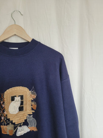 🪟 Window Cat Tales - vintage crewneck sweater with embroidered cats (Perfectly Imperfect) - size S/M (oversized)