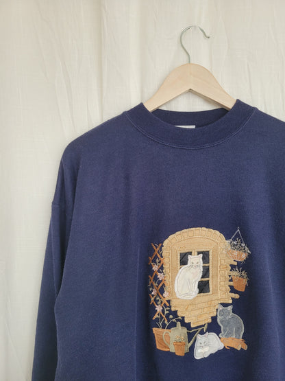 🪟 Window Cat Tales - vintage crewneck sweater with embroidered cats (Perfectly Imperfect) - size S/M (oversized)
