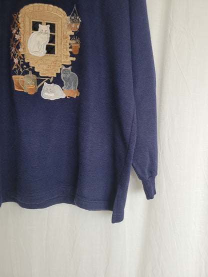 🪟 Window Cat Tales - vintage crewneck sweater with embroidered cats (Perfectly Imperfect) - size S/M (oversized)