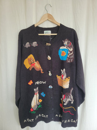 🔔 Purr & Jingle - vintage cardigan with cat images and buttons - size XL/XXL