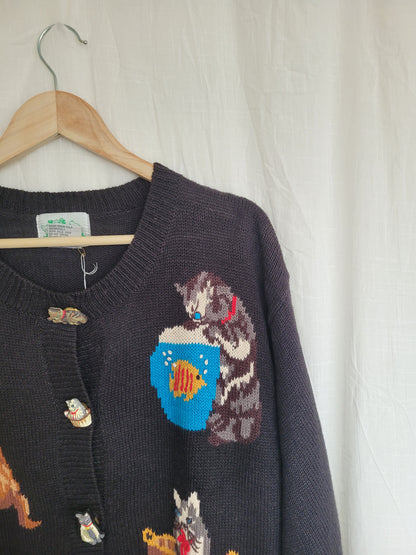 🔔 Purr & Jingle - vintage cardigan with cat images and buttons - size XL/XXL