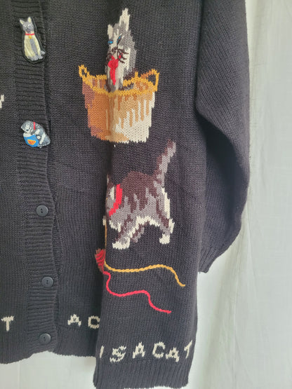 🔔 Purr & Jingle - vintage cardigan with cat images and buttons - size XL/XXL