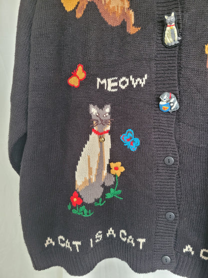 🔔 Purr & Jingle - vintage cardigan with cat images and buttons - size XL/XXL