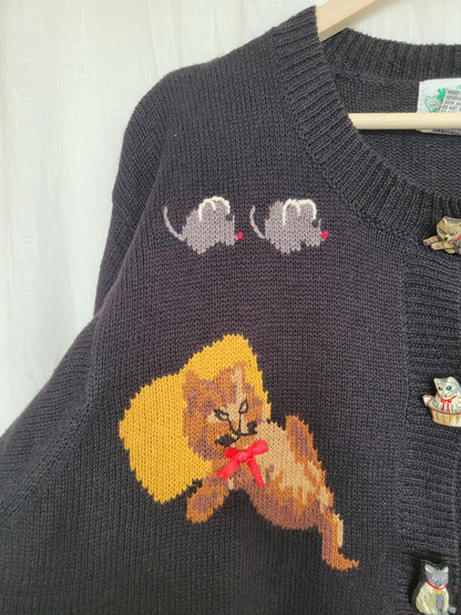 🔔 Purr & Jingle - vintage cardigan with cat images and buttons - size XL/XXL