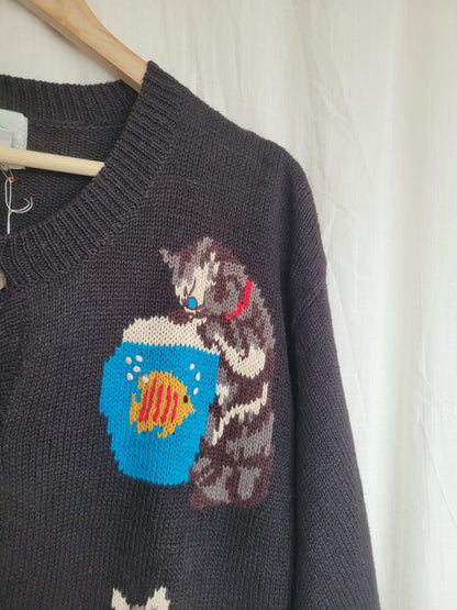 🔔 Purr & Jingle - vintage cardigan with cat images and buttons - size XL/XXL